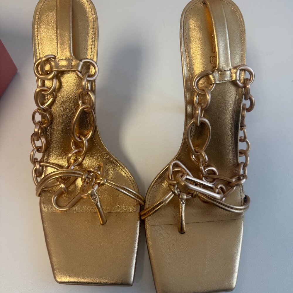 Cult Gaia Leather Chain-Link T-Strap Flat Sandal Tan/Gold Size 7.5 - Picture 5 of 7